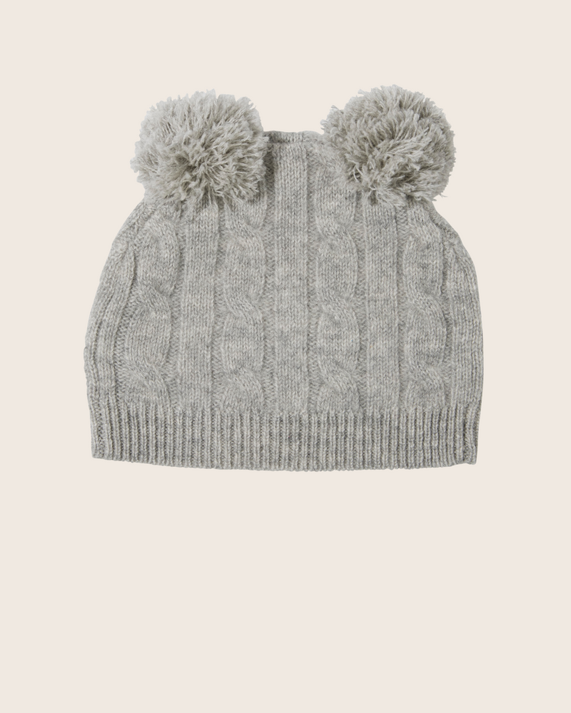 Cable Baby Hat with 2 pompoms in Light Grey