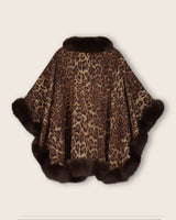 Fur Trimmed Cashmere Cape in Camel Leopard
