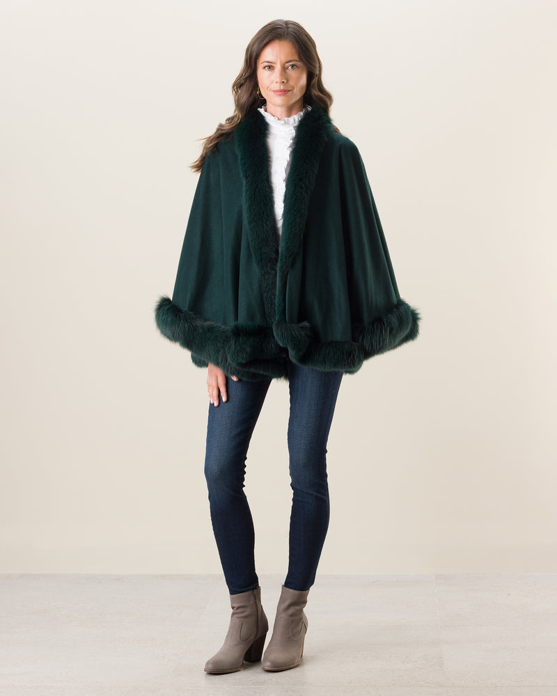Woman wearing Fur Trimmed Cashmere Cape Petite Length in emerald
