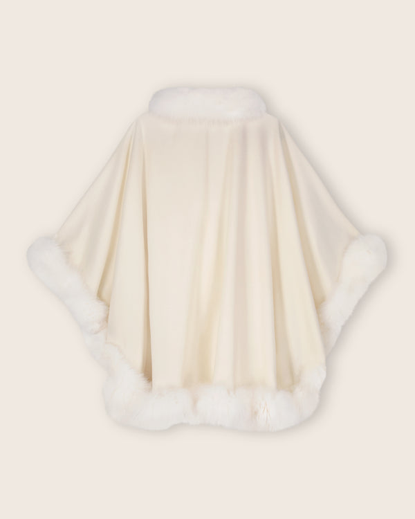 Fur Trimmed Cashmere Cape Petite Length in white. Color: Cervinia Petite