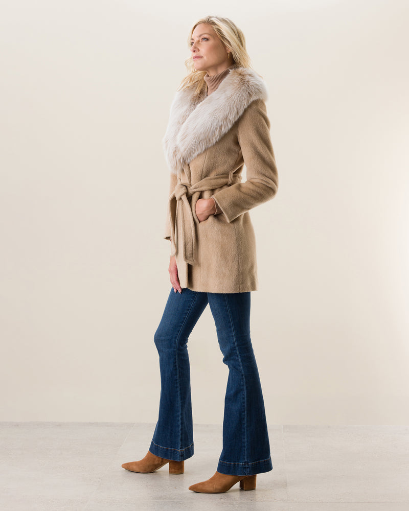 Woman Wearing Alpaca Blend Wrap Short coat with Oversized Finland Fur Shawl Collar in Blonde