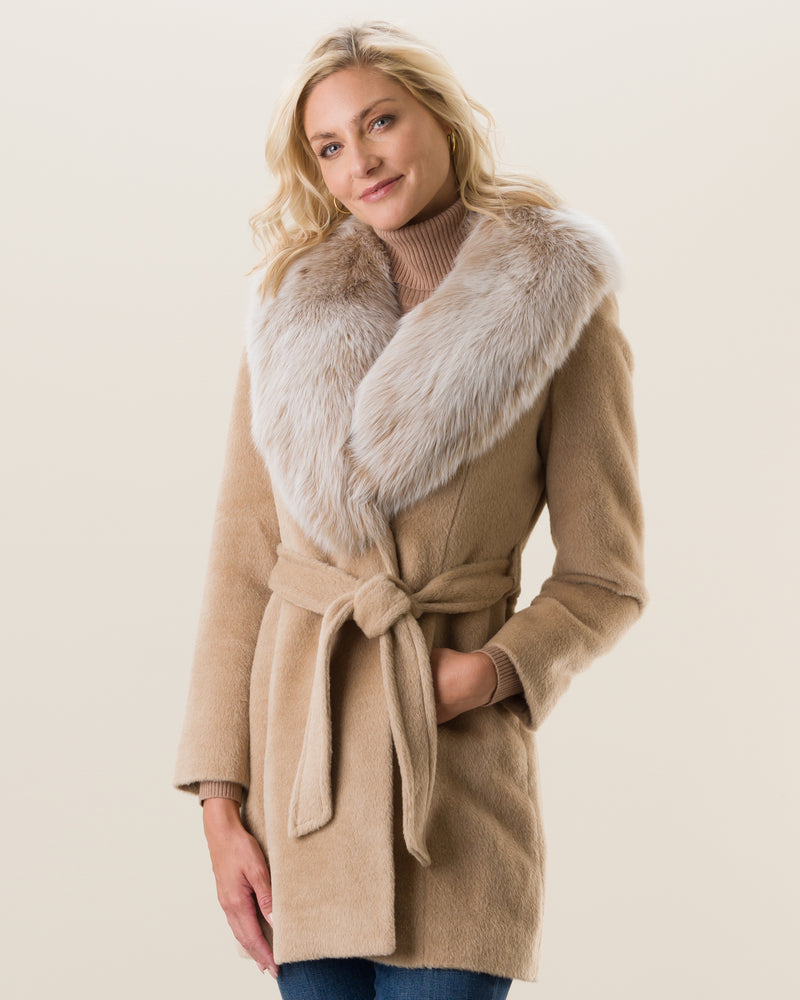 Woman Wearing Alpaca Blend Wrap Short coat with Oversized Finland Fur Shawl Collar in Blonde