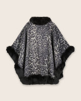 Fur Trimmed Cashmere Cape in Gray Leopard