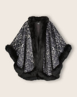 Fur Trimmed Cashmere Cape in Gray Leopard