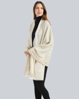 woman wearing Cashmere Lurex and Sequin Wrap in oatmeal