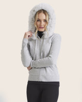 Cashmere zip sweater with fur trimmed hood in grey