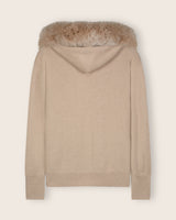 Cashmere zip sweater with fur trimmed hood in Oatmeal