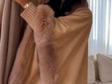 Fur Trimmed Cape in Camel on model Claudya Moreira