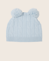 Cable Baby Hat with two pompoms in Soft Blue