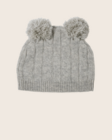 Cable Baby Hat with tw pompoms in Light Grey