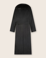 Back view of Wool Cashmere Blend Maxi Wrap coat with Oversized Finland Fur Shawl Collar in Black