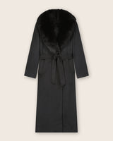 Wool Cashmere Blend Maxi Wrap coat with Oversized Finland Fur Shawl Collar in Black