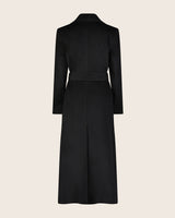 Cashmere Belted Shawl Collar Long Coat with Pick Stitching in black