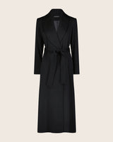 Cashmere Belted Shawl Collar Long Coat with Pick Stitching in black front view
