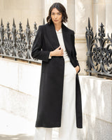 Woman wearing Cashmere Belted Shawl Collar Long Coat with Pick Stitching in black