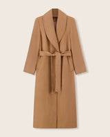 Cashmere Belted Shawl Collar Long Coat with Pick Stitching in Camel