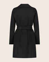 Black wool cashmere wrap belted coat with on a plain background