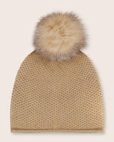 Honeycomb cashmere hat with pompom in camel