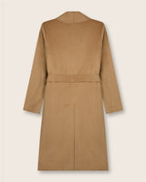 Back view of Carmela Belted Wrap cashmere Coat in camel