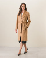 Woman wearing Carmela Belted Wrap cashmere Coat in camel