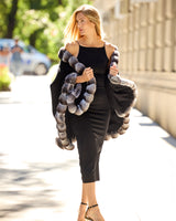 Model wearing black dress and Imperial Chinchilla Cashmere Cape