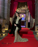 young female adult from bachelorette series wearing evening gown with cervinia cashmere fur trimmed cape in brown