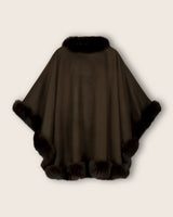Fur Trimmed cashmere Cape in Brown, back view