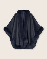Cervinia cashmere fur trimmed cape in Navy, front view