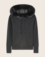 Cashmere zip sweater with fur trimmed hood in Charcoal, front view