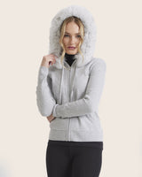 Cashmere zip sweater with fur trimmed hood in grey on model