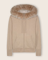 Cashmere zip sweater with fur trimmed hood in Oatmeal, front view