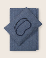 Cable Knit cashmere Travel Set in Denim; pouch, sleep mask and blanket