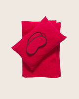 Cable Knit cashmere Travel Set in Red; pouch, sleep mask and blanket