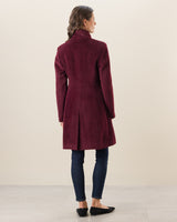 Woman wearing Alpaca Boucle Snap Button Coat in Burgundy