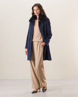 Woman Wearing Alpaca Boucle Car Coat with Finland Fur Collar in Navy