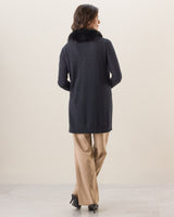 Woman wearing Cashmere drape cardigan with Luxe Finnish Fox Fur Trim in Black