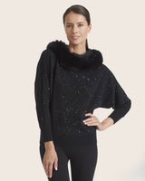 Woman wearing Boatneck Sweater with Finnish Fur collar in black