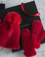 Mink Mittens in red with box and hat