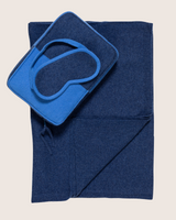 Jersey Knit Color Contrast cashmere Travel Set in Navy; pouch, eye mask, and blanket