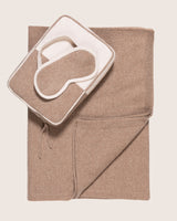 Jersey Knit Color Contrast cashmere Travel Set in Taupe; pouch, eye mask and blanket