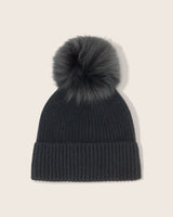 Montello Ribbed Cashmere Pompom Beanie in black