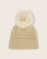 Montello Ribbed Cashmere Pompom Beanie in Oat