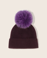 Montello Ribbed Cashmere Pompom Beanie in dark purple