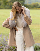 Woman wearing Alpaca Blend Wrap Short coat with Oversized Finland Fur Shawl Collar in Blonde