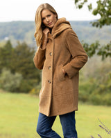 Woman wearing Alpaca Boucle Button Front Cocoon Coat with Foldover Envelope Pillow Collar in camel