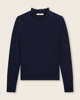 Aveline Ruffle Mock Neck Cashmere Sweater in navy