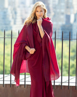 Woman wearing Lightweight Cashmere Wrap in Bordeaux