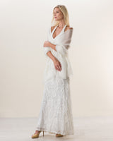 Woman wearing Lightweight Cashmere Wrap in Ecru