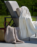 Cable Knit Throw in Heather Taupe in a tote