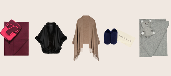 5 sofia cashmere styles - top editor picks; mondrian travel set, cervinia cape, elegante wrap, slippers and baby set